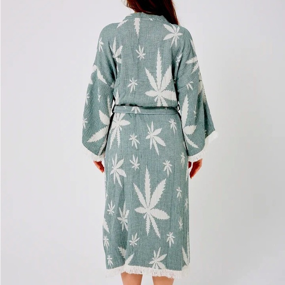 Women's Blue + White Leaf Patterned Robe One Size New 100% Organic Cotton NEW - Picture 8 of 12